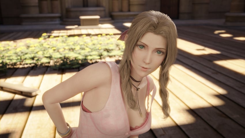 1girls 3d aerith_gainsborough blender bra bra_peek church cleavage down_blouse dress final_fantasy final_fantasy_vii final_fantasy_vii_remake flowers green_eyes looking_at_viewer nodern03 pov smile smiling twin_braids