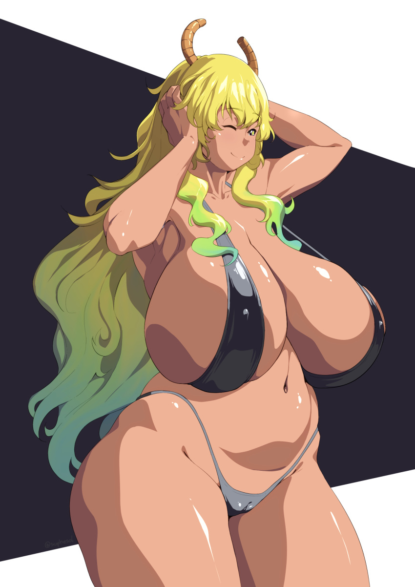 1girls alternate_version_available big_breasts bikini bikini_bottom bikini_top black_bikini blonde_hair bottomwear breasts cleavage female female_only hair hips horns huge_breasts large_breasts long_hair lucoa mature mature_female mature_woman micro_bikini miss_kobayashi's_dragon_maid one_eye_closed quetzalcoatl_(dragon_maid) sagging_breasts smile solo solo_female suphesol swimwear tan tan_body tan_skin tanned_female tanned_skin thick_thighs thighs topwear two_tone_hair voluptuous wide_hips yellow_eyes