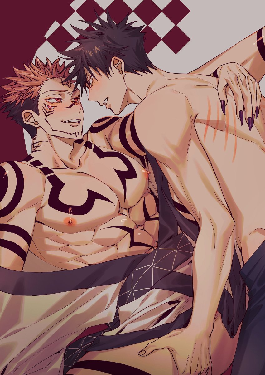 2boys azukiharuta_ju background blush fushiguro_megumi jujutsu_kaisen kimono male/male muscular_male nipples ryoumen_sukuna_(jujutsu_kaisen) tagme yaoi