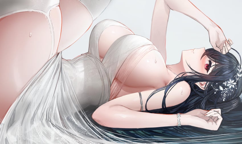 1girls azur_lane black_hair breasts dress female female_only huge_breasts large_breasts light-skinned_female light_skin long_hair lying_on_back naughty_face oystar_z3_(kaki_z3) red_eyes sakura_empire_(azur_lane) solo stockings taihou_(azur_lane) taihou_(temptation_on_the_sea_breeze)_(azur_lane) voluptuous wedding_dress