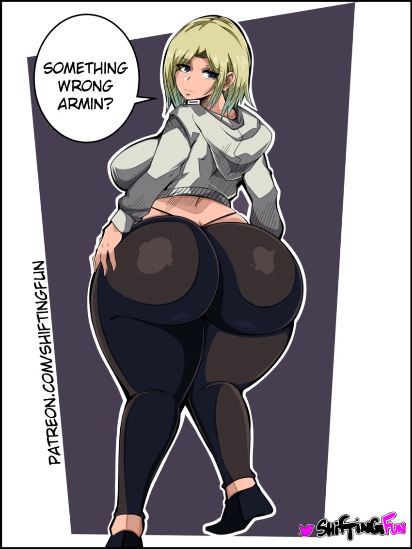 1girls anime annie_leonhardt armin_arlert ass attack_on_titan big_ass big_breasts big_butt blonde_female blonde_hair blonde_hair_female blue_eyes breasts clothed clothed_female female female_focus female_only from_behind from_behind_position hips looking_at_viewer looking_back male_pov manga offscreen_character offscreen_male pov shiftingfun shingeki_no_kyojin talking_to_viewer thick_thighs thighs wide_hips