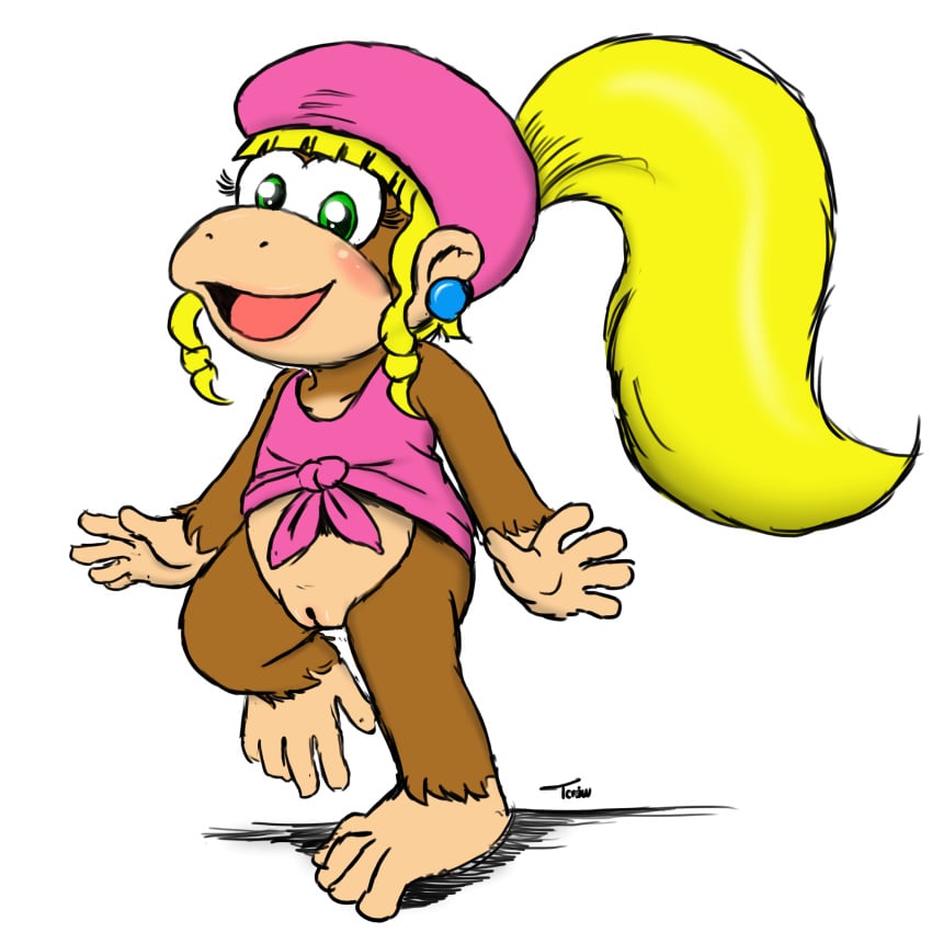 5_fingers 5_toes beige_skin beret bluelimelight blush bottomless brown_fur clothes color dixie_kong donkey_kong_(series) ear_piercing female female_only feral fur green_eyes hair hat launny long_hair on_one_foot open_eyes open_mouth piercing ponytail pussy round_ears smile solo standing tied_hair vulva white_background yellow_hair