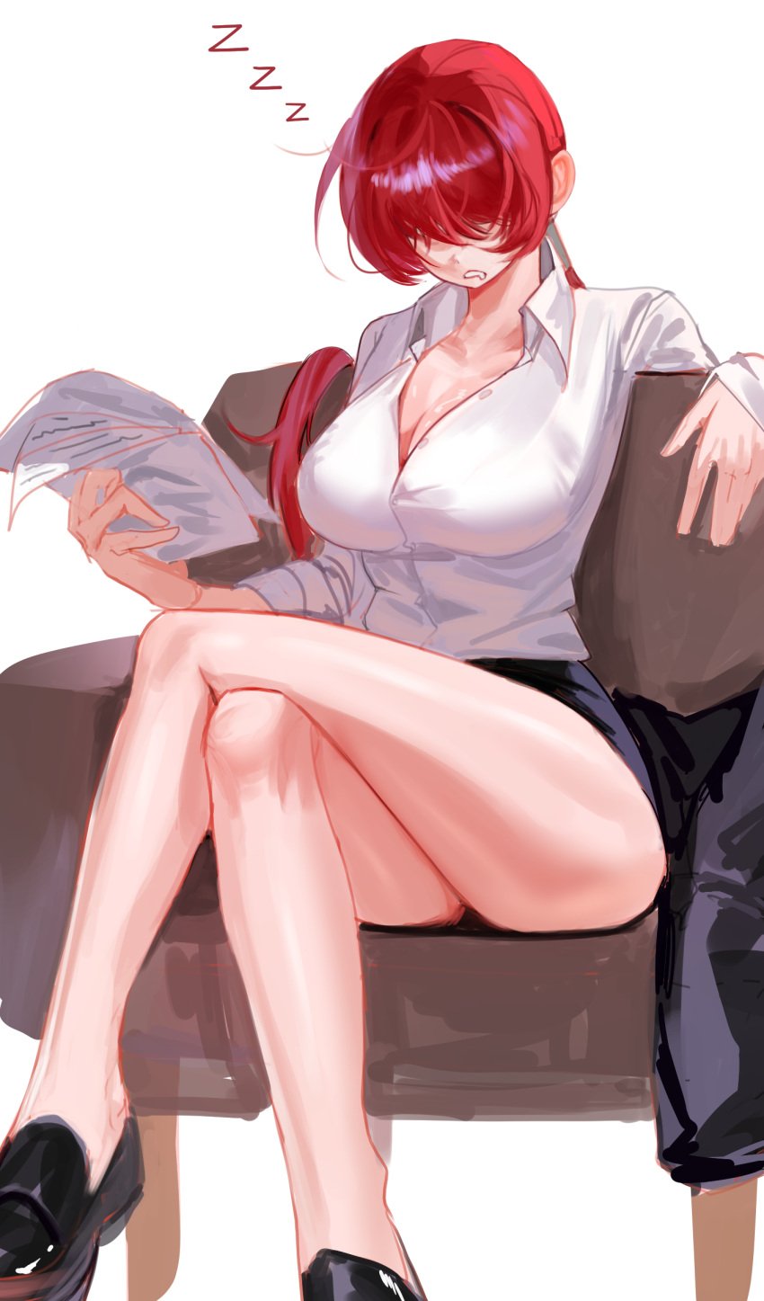 absurdres armchair bare_legs black_footwear black_skirt breasts chair cleavage collared_shirt crossed_legs dan_koflove dan_koflove_(artist) drooling female hair_over_eyes highres holding holding_paper king_of_fighters large_breasts legs long_sleeves paper pencil_skirt ponytail red_hair shermie_(kof) shirt shoes simple_background sitting skirt sleeping solo white_background white_shirt zzz