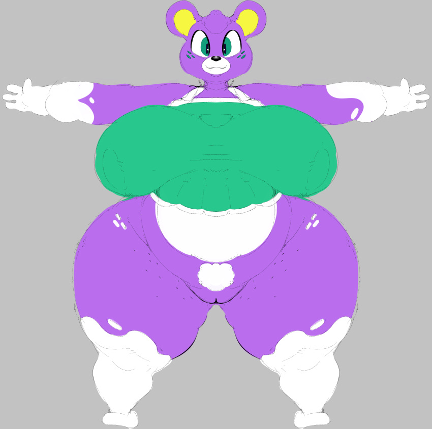 absurd_res animal_crossing anthro bear big_breasts bottomless bottomless_anthro bottomless_female breasts clothed clothing female freckles fur genitals hi_res mammal megan_(animal_crossing) model_sheet multicolored_body multicolored_fur nintendo ponk purple_body purple_fur pussy solo t-pose t_pose thick_thighs two_tone_body two_tone_fur