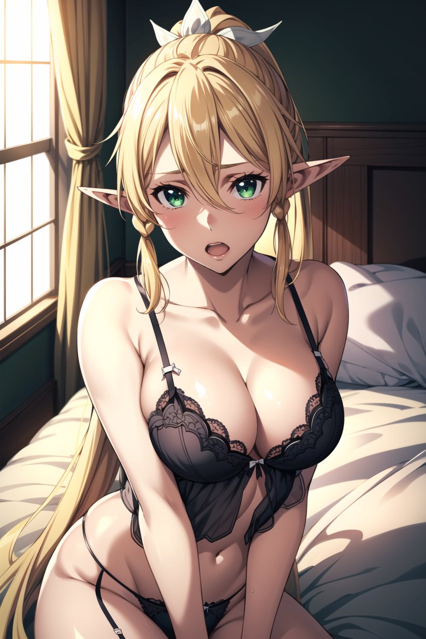 1girls ai_generated bed blonde_hair blush boobeetan breasts green_eyes hand_on_leg kirigaya_suguha leafa lingerie looking_at_viewer navel nervous open_mouth ponytail pose sword_art_online