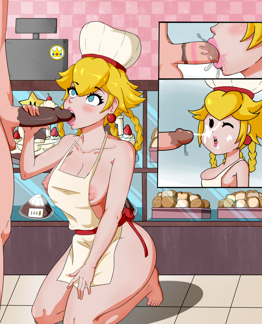 1girls apron_only bakery blonde_hair blowjob blue_eyes cake chocolate_on_penis comic cookie cum cum_on_face earrings fellatio jiganshi lipstick_mark lipstick_on_penis mario_(series) patissiere_peach penis princess_peach princess_peach:_showtime! self_upload