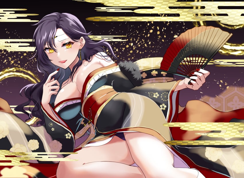 1girls alternate_costume azur_lane bare_shoulders black_hair black_kimono breasts circlet cleavage collarbone commission cosplay crossover earrings female female_only fingernails fire_emblem fire_emblem:_the_blazing_blade folding_fan friedrich_der_grosse_(azur_lane) friedrich_der_grosse_(azur_lane)_(cosplay) friedrich_der_grosse_(dark_raiments_of_gagaku)_(azur_lane) friedrich_der_grosse_(dark_raiments_of_gagaku)_(azur_lane)_(cosplay) fur-trimmed_kimono fur_trim hand_fan highres holding holding_fan japanese_clothes jewelry kimono large_breasts lipstick long_fingernails long_hair looking_at_viewer low_neckline makeup mature_female mu_tu_bu nabatame_hitomi nail_polish new_year nintendo non-web_source off_shoulder panties panty_peek pantyshot pixiv_commission purple_panties red_nails red_sash sash smile solo sonia_(fire_emblem) thighs underwear upskirt voice_actor_connection yellow_eyes