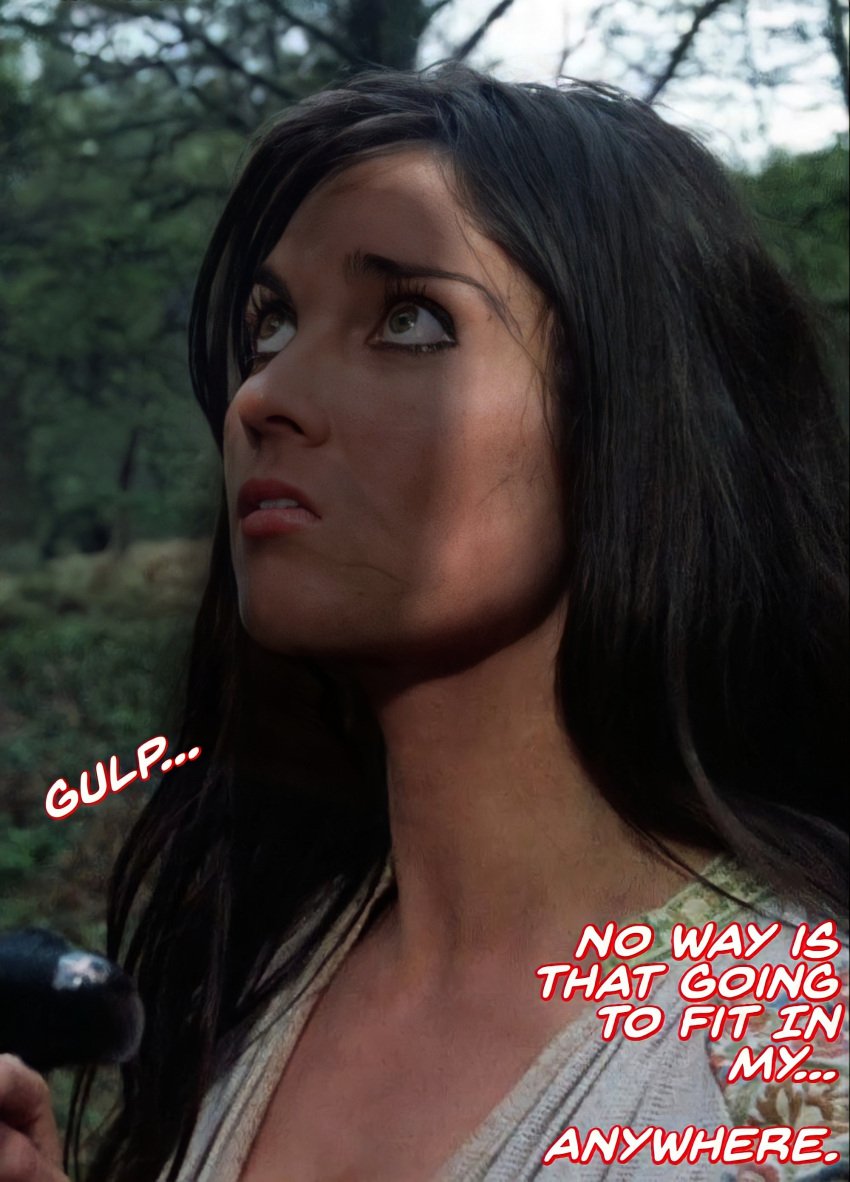 1girls 3d black_hair captain_kronos_vampire_hunter carla caroline_munro cock_shock dark_hair fear female forest_background green_eyes gulp hammer_films imminent_fellatio imminent_rape it'll_never_fit looking_up makeup messy_hair neltumo offscreen_character offscreen_male outdoors penis_awe penis_shadow text wide_eyed