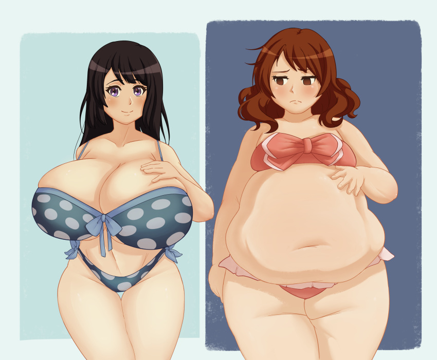 2girls bikini envious envy fat hyper hyper_breasts looking_at_viewer multiple_girls overweight seatbeltdraws tagme