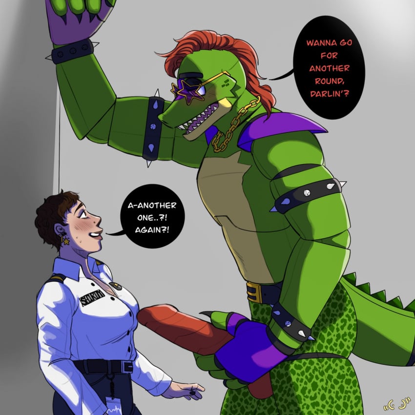 1boy1girl alligator_tail animatronic anthro background belts biceps body_markings dialogue english english_text facial_markings five_nights_at_freddy's five_nights_at_freddy's:_security_breach fnaf gloves golden_chains green_body inviting inviting_to_sex lighting_bolt machine male/female mohawk mohawk_(hairstyle) montgomery_gator_(fnaf) muscular muscular_anthro muscular_arms muscular_male muscular_thighs needy non-human offering pauldrons pink_glans pinning purple_clothing red_hair reptile reptile_humanoid robot robot_humanoid security_guard simple_background spiked_bracelet spotted_body star_glasses tail tail_markings tattoo two_tone_body two_tone_fur underwear yellow_glasses