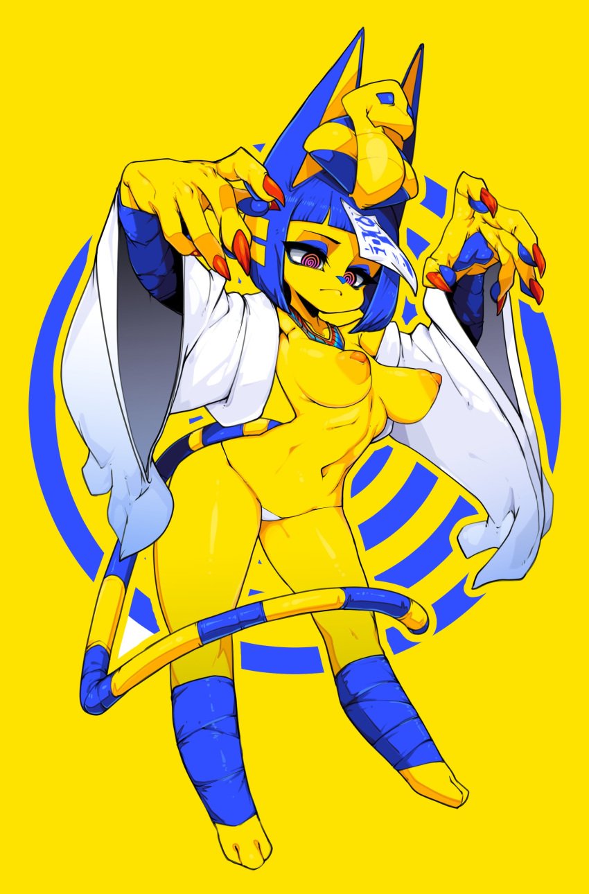 @_@ absurdres animal_crossing animal_crossing_new_horizons animal_ears animal_nose ankha ankha_(animal_crossing) blue_hair bob_cut breasts closed_mouth female fingernails full_body furry furry_female highres hypnosis hypnotic_eyes hypnotizing_viewer long_fingernails medium_breasts nintendo panties red_eyes red_nails simple_background skimpy_clothes slugbox snout solo spiral spiral_background standing striped striped_tail tail talisman underwear white_panties wide_sleeves yellow_background