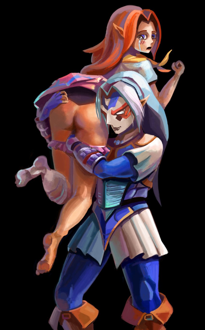 1boy 1girls anu17ta ass black_background blue_eyes blush bottomless brown_hair carrying clothing cremia crying deity dress fierce_deity fierce_deity_armor fierce_deity_boots fierce_deity_link fierce_deity_mask hero_of_time hylian link long_hair majora's_mask panties shoulder_carry terminan_hylian the_legend_of_zelda