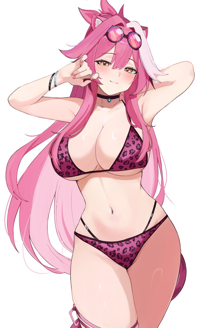 1girls 2d 2d_(artwork) :3 alternate_costume animal_ears animal_print animal_print_bikini animal_tail arm_behind_head belly_button big_breasts bikini bikini_bottom bikini_top blush female female_focus female_only front_view high_resolution highres hololive hololive_english hololive_english_-justice- hourglass_figure ku_roiko light-skinned_female light_skin long_hair looking_at_viewer navel panther_ears panther_girl panther_tail pink_bikini pink_bikini_bottom pink_bikini_top pink_hair pink_nails pink_swimsuit raora_panthera roikopi simple_background smiling smiling_at_viewer solo solo_female solo_focus suggestive suggestive_look swimsuit two_piece_swimsuit virtual_youtuber vtuber vtuberfanart white_background yellow_eyes