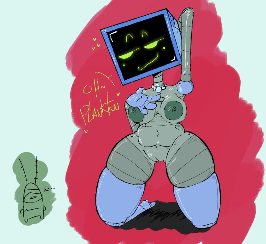 1boy 1girls 2d breasts breasts_out_of_clothes female gigantic_ass gigantic_breasts gigantic_thighs happy humanoid karen_plankton male necklace_between_breasts pussy robot robot_girl robot_humanoid robotic_arm screen_face sheldon_j._plankton spongebob_squarepants thick thighs_bigger_than_torso tv tv_head voluptuous voluptuous_female