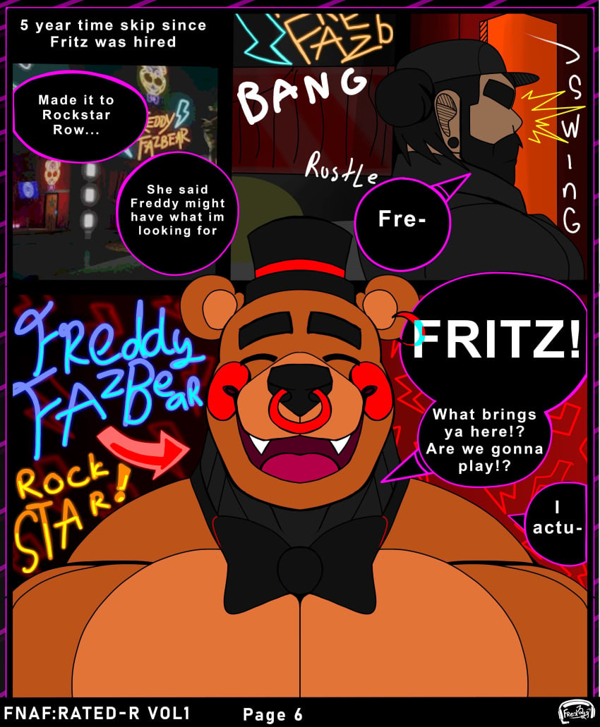 bear bowtie comic dialogue five_nights_at_freddy's five_nights_at_freddy's:_security_breach fred7298nsfw humanoid male male_only muscle muscular nose_piercing nose_ring pecs smile toy_freddy_(fnaf)