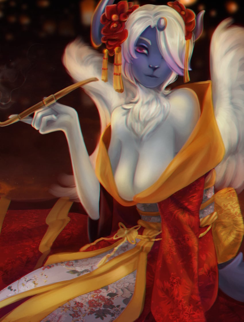 absurd_res big_breasts breasts clothing female geisha hi_res kanzashi kiseru mega_absol mega_evolution nintendo pipe pokemon pokemon_(species) smoking