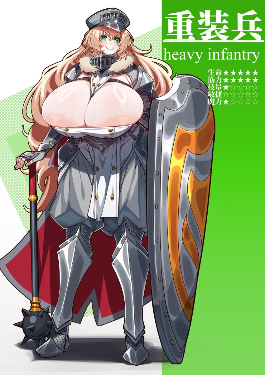 1girls 2024 :> absurd_res areola_slip areolae armor armor_boots armored_boots blonde_hair blunt_weapon blush boots breasts cape character_profile cleavage cuisses defeated_warrior_(konoshige) ditzy eyebrows_visible_through_hair fangs female female_only female_warrior fingerless_gloves front_view full_armor full_body gauntlet gigantic_breasts gloves greaves green_eyes hair_between_eyes happy hat headwear heavy_infantry_(konoshige) helmet highres holding_mace holding_weapon japanese_text konoshige_(ryuun) large_areolae large_shield long_hair looking_at_viewer mace mace_(weapon) melee_weapon mouth_closed original overflowing_breasts pavise_shield peaked_cap pelvic_curtain planted_shield rerebrace ryuun_(stiil) shield shoulder_pads simple_background skin_fang skindentation smile smiling solo spiked_mace standing star stats teeth text thick_eyebrows translated unconvincing_armor vambraces very_long_hair visor_(armor) warrior weapon