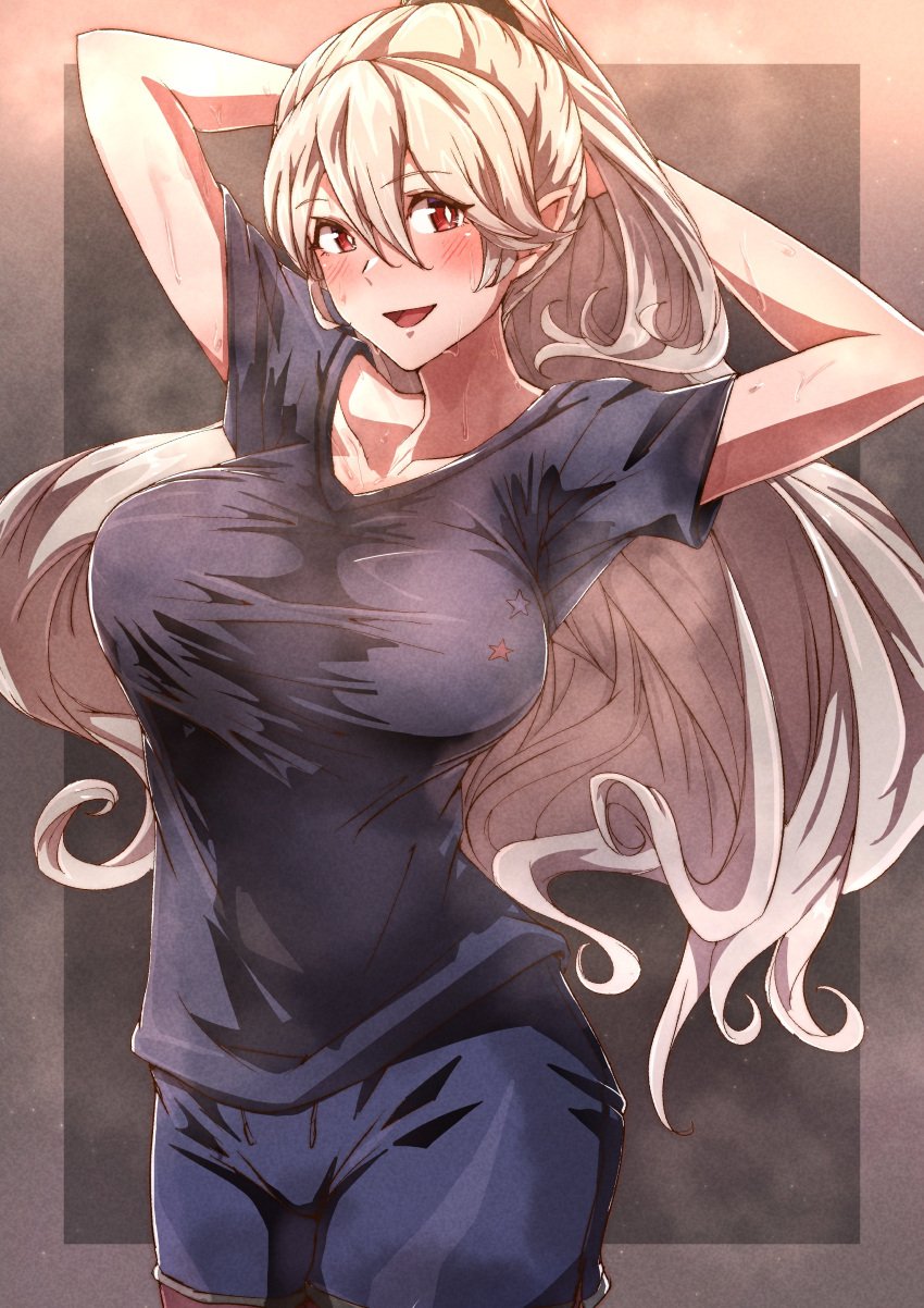 1girls absurdres adjusting_hair alternate_hairstyle breasts corrin_(female)_(fire_emblem) corrin_(fire_emblem) corrin_(fire_emblem)_(female) female female_only fire_emblem fire_emblem_fates grey_hair hair_between_eyes highres large_breasts long_hair looking_at_viewer nintendo open_mouth pointy_ears red_eyes solo steamy_breath sweat tight_clothing to_(tototo_tk) upper_body white_hair