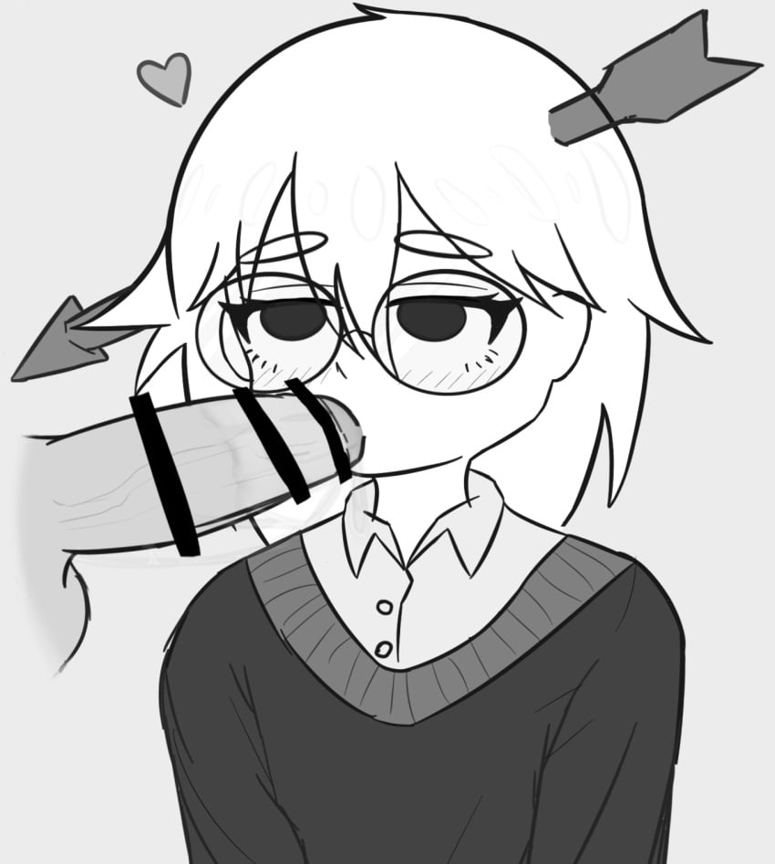 1girls aira_(offscript) arrow bar_censor blowjob fellatio glasses greyscale heart offscript pai-pan penis sweater toony toony_face white_hair