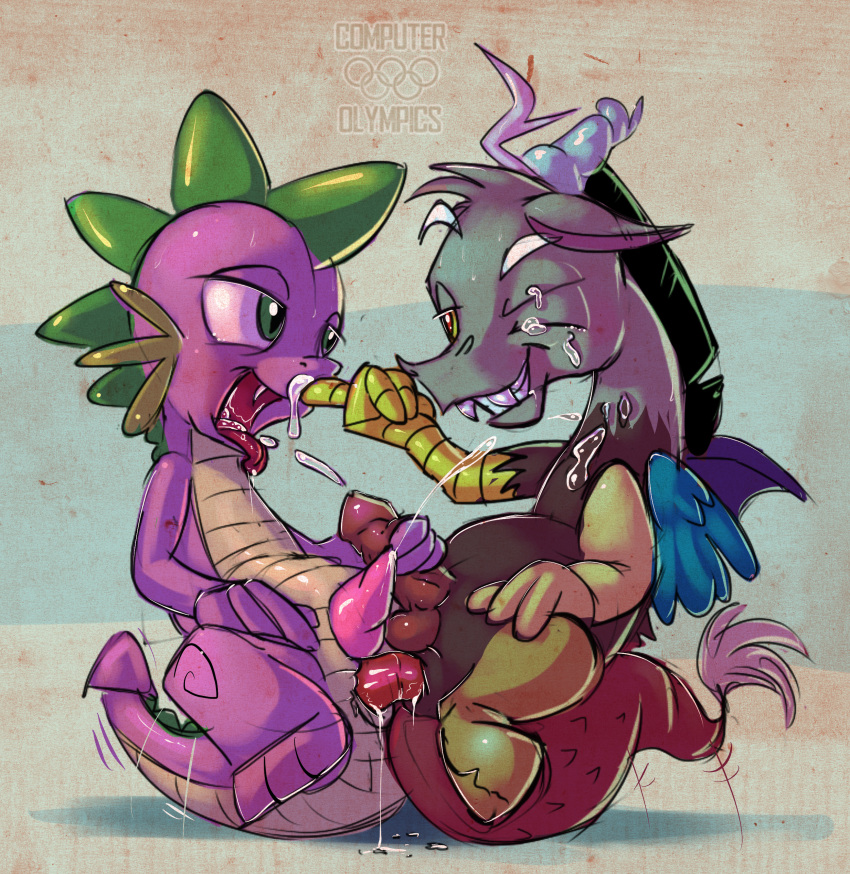 2014 2boys anthro chimera computer_olympics cub cum cumshot dildo discord_(mlp) draconequus dragon ejaculation friendship_is_magic furry male male_only my_little_pony penis sex_toy smile spike_(mlp) spikes teeth young