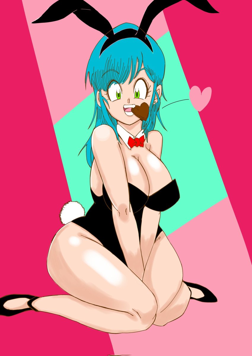 1girls big_breasts blue_hair breasts bulma_(bunny) bulma_briefs bunny_ears bunny_girl bunnygirl bunnysuit chocolate cleavage dragon_ball dragon_ball_(classic) female female_focus female_only green_eyes heart looking_at_viewer sabataro sitting sitting_on_knees solo solo_female solo_focus teenage_bulma