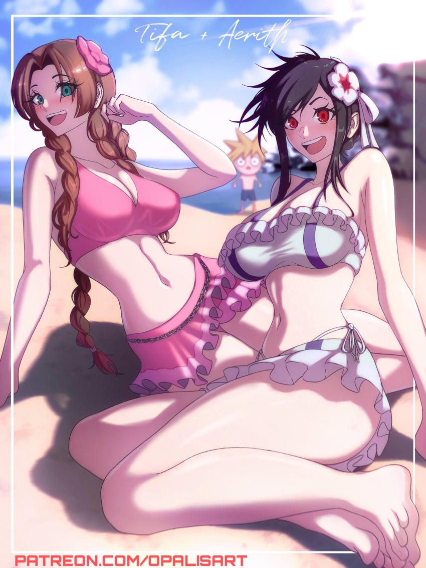 1boy 2girls aerith_gainsborough bare_arms bare_legs bare_shoulders bare_thighs beach big_breasts bikini bikini_bottom bikini_top black_hair blue_eyes blush brown_hair cloud_strife color duo_focus feet female female_focus final_fantasy final_fantasy_vii final_fantasy_vii_rebirth final_fantasy_vii_remake hi_res large_breasts light-skinned_female light_skin long_hair looking_at_viewer male male/female multiple_girls opalisart open_mouth red_eyes sand sea sitting square_enix swimsuit tagme thick_thighs tifa_lockhart water