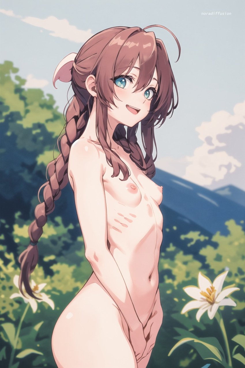 1girls acl_noraai aerith_gainsborough ai_generated artist_name breasts brown_hair completely_nude completely_nude_female female final_fantasy final_fantasy_vii final_fantasy_vii_remake from_side green_eyes happy looking_at_viewer nipples nude nude_female open_mouth outdoors petite ribs self_upload skinny small_breasts smile solo watermark