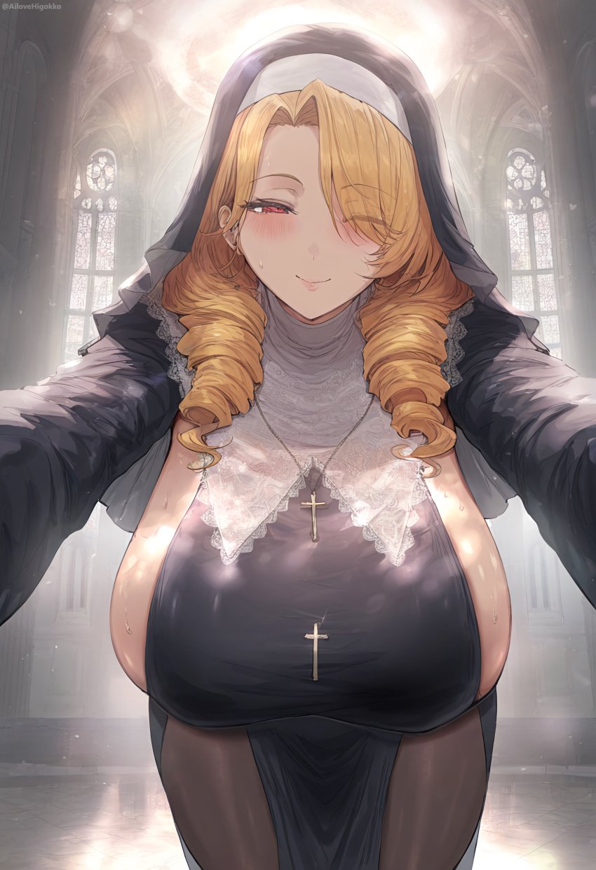 1girls ai_generated ai_love_higokko blonde_hair breasts female hi_res hips holaraai huge_breasts light-skinned_female light_skin long_hair naughty_face nun nun's_habit nun_outfit original original_character red_eyes thick_thighs thighs voluptuous wide_hips