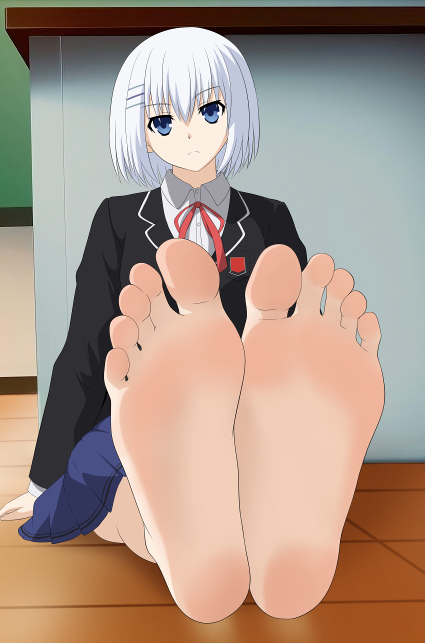 1girls 2d badbadfish bangs barefoot blazer blue_eyes blue_skirt clothed clothed_female date_a_live feet female female_only foot_fetish foot_focus front_view fully_clothed hair_ornament raizen_high_school_uniform school_uniform schoolgirl short_hair sitting sitting_on_floor soles tobiichi_origami toes white_hair white_shirt