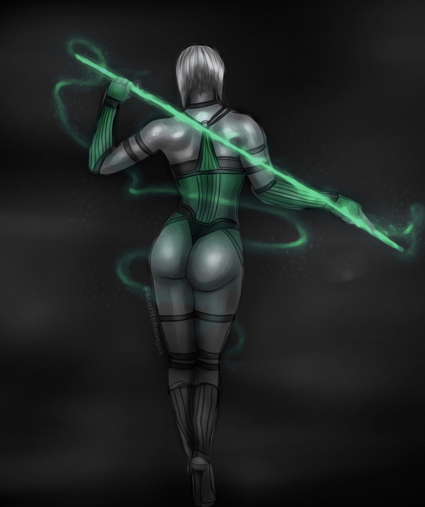 1girls 2d ass back_view bare_shoulders bob_cut gloves green_clothing highheels holding_object holding_weapon khameleon leggings leotard mortal_kombat mortal_kombat_1_(2023) netherrealm_studios pale-skinned_female pale_skin pole short_hair skin_tight sleeveless solo solo_female standing thong warner_brothers white_hair