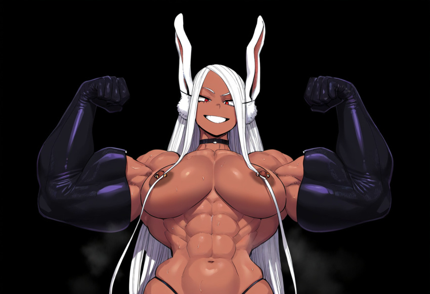 1girls abs ai_generated bicep biceps boku_no_hero_academia bunny_ears dark-skinned_female dark_nipples dark_skin dontlao3 elbow_gloves female female_focus female_only flexing flexing_arms flexing_bicep flexing_muscles gloopai gloves grin latex latex_gloves looking_at_viewer miruko muscular muscular_arms muscular_female my_hero_academia nai_diffusion nipple_piercing nipples pants red_eyes rumi_usagiyama smile smirk solo solo_female solo_focus steam steaming_body steamy white_hair