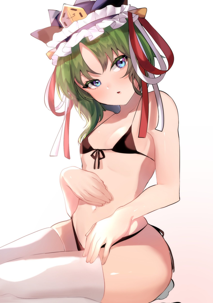 bare_arms bikini black_bikini blue_eyes breasts eiki_shiki feet_out_of_frame female flat_chest flat_chested green_hair hat highres looking_at_viewer majime_joe navel parted_lips petite red_ribbon ribbon shiki_eiki short_hair sitting small_breasts solo swimsuit thighhighs touhou white_thighhighs