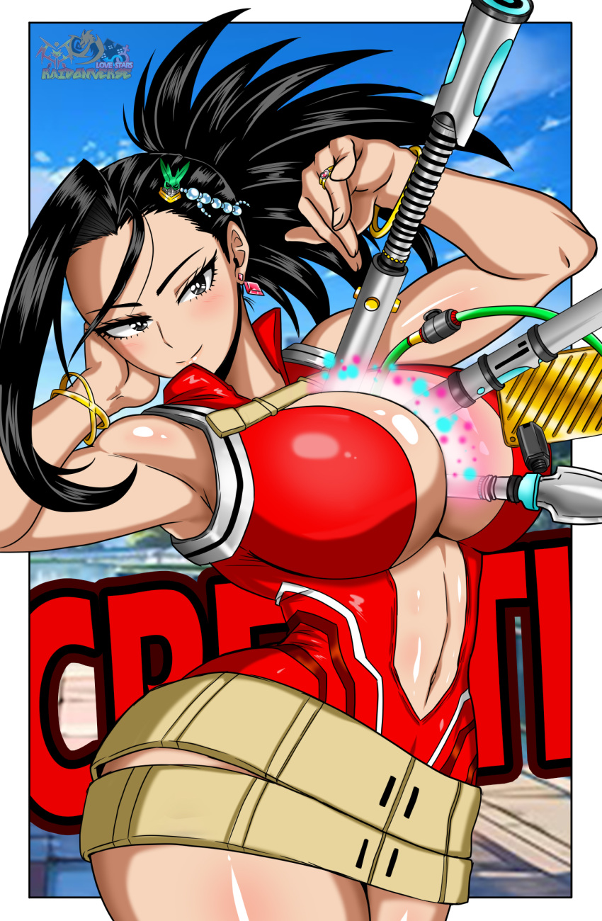 1girls big_breasts black_eyes black_hair bracelets breasts ear_ring earrings female female_focus hero_outfit_(mha) izuku_midoriya momo_yaoyorozu my_hero_academia quirk_(mha) raidon_dimentional_land ring shiny_skin