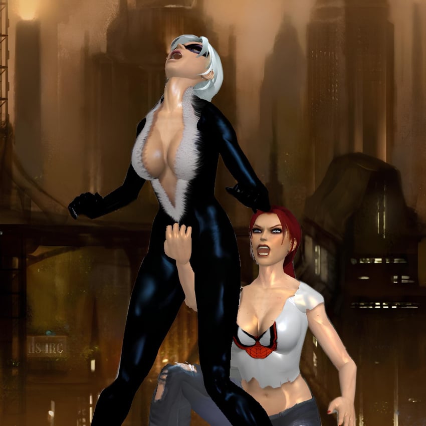 2girls 3d alstair2 black_cat_(marvel) cooch crotch cuntbusting felicia_hardy female female_only human human_only lowblow marvel mary_jane_watson spider-man_(series) spider-man_crop_top themed_clothes yuri