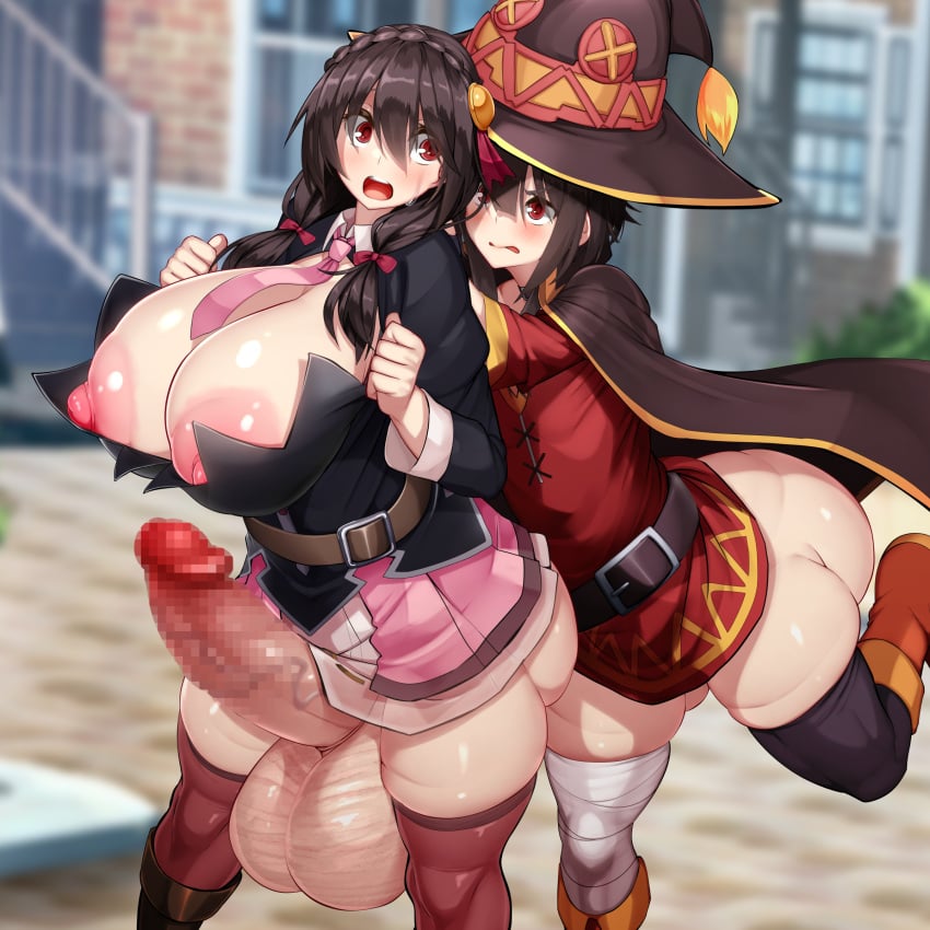 1futa 1girls areolae ass balls big_ass big_breasts black_hair bottom_heavy bottomless breasts brown_hair clothed clothing duo erection female futanari huge_ass huge_breasts huge_cock human kawahagitei kono_subarashii_sekai_ni_shukufuku_wo! light-skinned_female light-skinned_futanari light_skin long_hair megumin mostly_clothed nipples penis standing thighhighs yunyun_(konosuba)