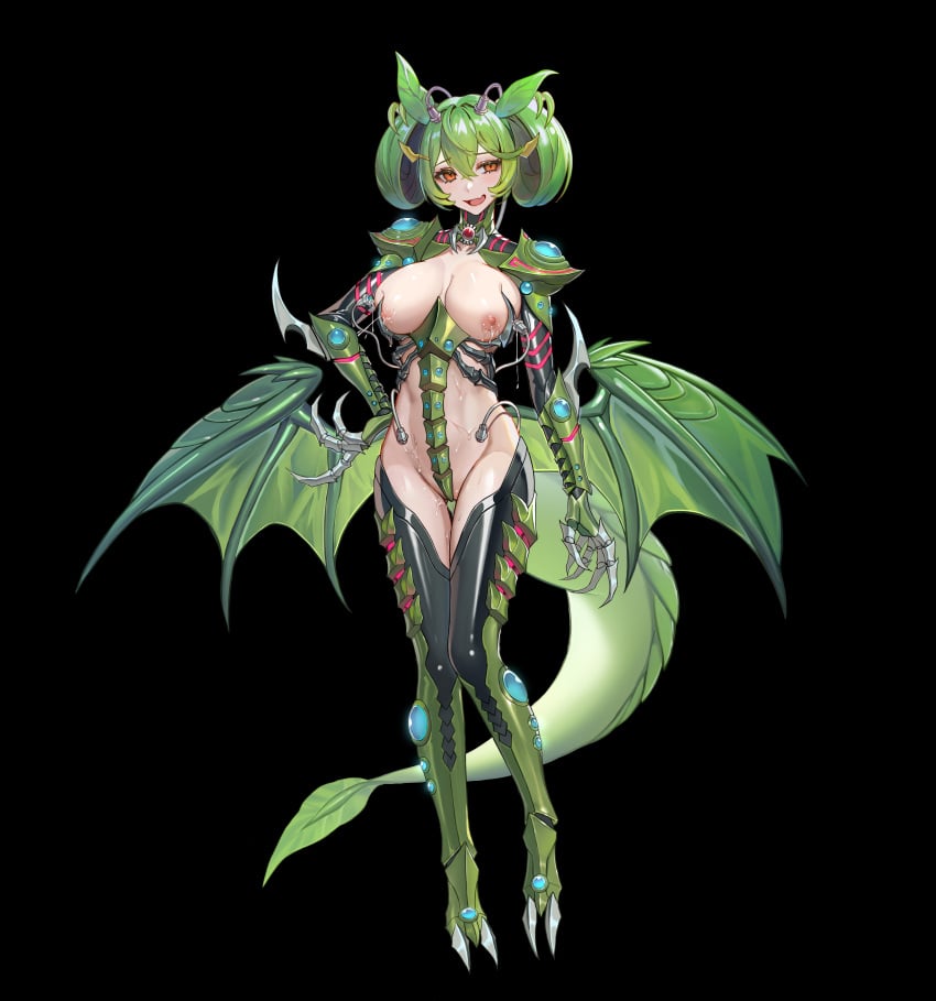 :d absurdres alternate_costume artist_request black_background breasts claws commentary_request corruption dragon_girl dragon_horns dragon_tail dragon_wings duel_monster female full_body green_hair hand_on_own_hip highres horns lactation large_breasts low_wings oerba_yun_fang parlor_dragonmaid pussy_juice red_eyes revealing_clothes shrug_(clothing) skin_fang skin_tight skindentation slit_pupils smile solo tail thighhighs tube wings yu-gi-oh!