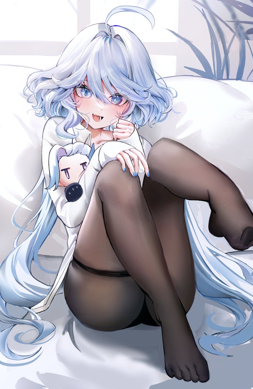 1girls absurd_res ahoge blue_eyes character_doll collared_shirt cute_fang dasha drop-shaped_pupils feet female foot_up furina_(genshin_impact) genshin_impact hand_on_own_knee heterochromia highres indoors leg_up legs light_blue_hair long_hair long_sleeves looking_at_viewer mouth_open nail_polish neuvillette_(genshin_impact) no_shoes open_mouth pantyhose shirt sitting skin_fang smile solo thigh_strap toe_socks toes two_tone_hair white_hair window