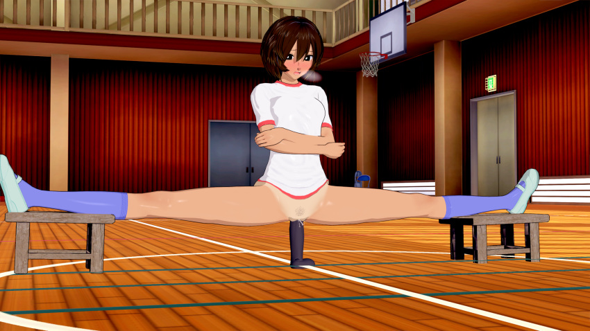 1girls azumanga_daiou balancing basketball_court blush bottomless bottomless_female breath crossed_arms endured_face functionally_nude functionally_nude_female gym_clothes gym_uniform indoors kagura_(azumanga_daiou) koikatsu school_uniform short_hair socks solo solo_female splits spread_legs tagme tan_body tan_skin tomboy uncensored vaginal_penetration