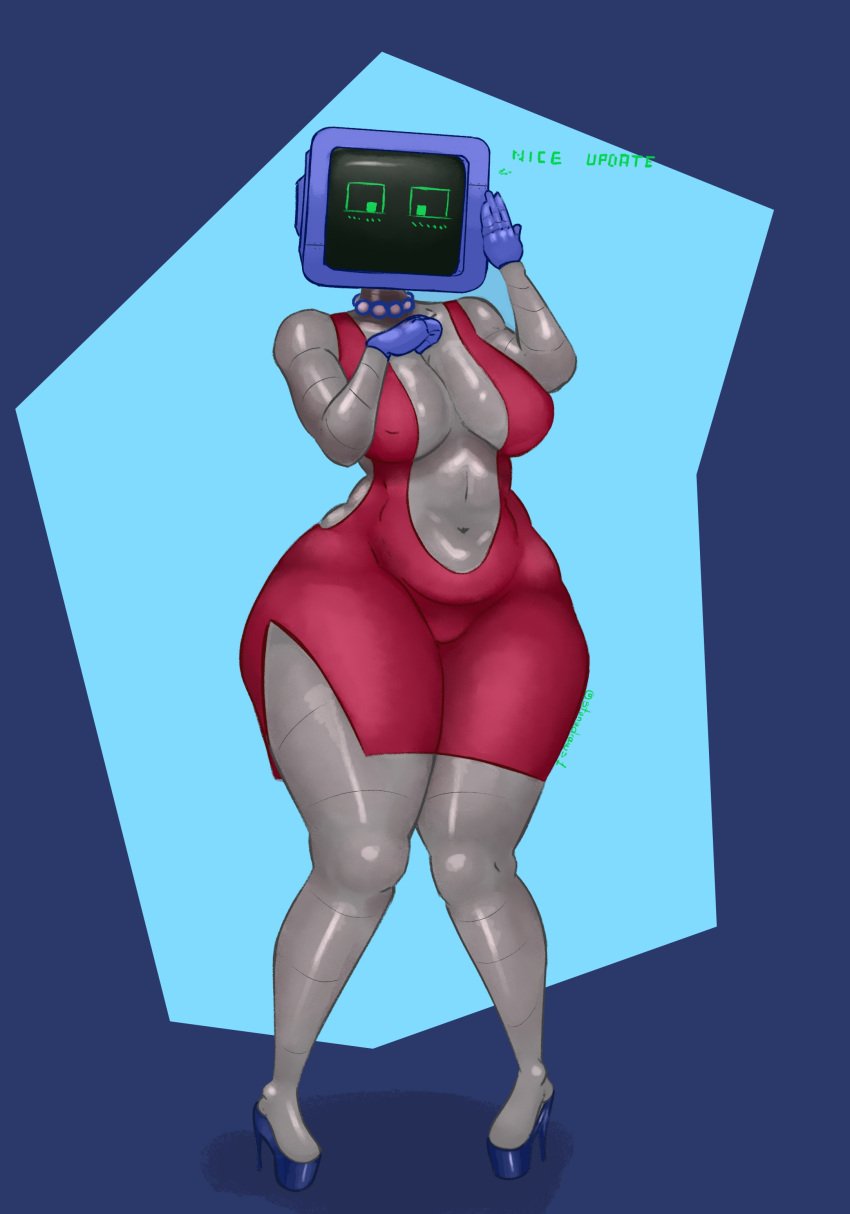 2d 4_fingers big big_ass big_belly big_thighs chrome dress female heels humanoid karen_plankton plump robot robot_girl robot_humanoid screen_face spongebob_squarepants stonydraws tagme text tv_head