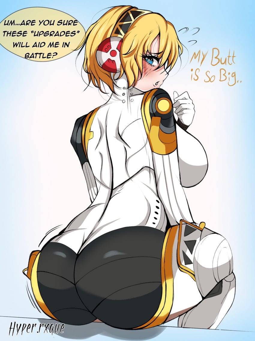 1girls aegis_(persona) aigis_(persona) artist_name ass ass_focus ass_shot atlus big_ass blonde_hair blue_background blue_eyes blush breasts butt_crack butt_focus butt_shot clothed english_text female huge_ass hyperrxgue large_breasts looking_at_viewer looking_back persona persona_3 persona_3_reload robot robot_girl simple_background text text_bubble