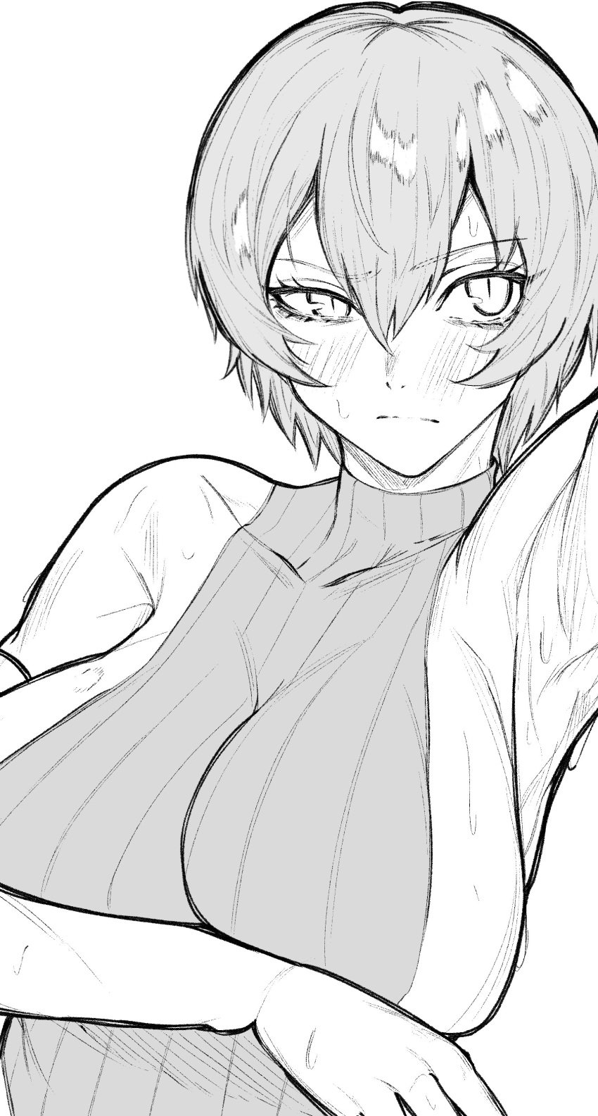 angela_(library_of_ruina) angela_(lobotomy_corporation) armpits big_breasts black_and_white blush embarrassed monochrome sideboob sideboobs sweat