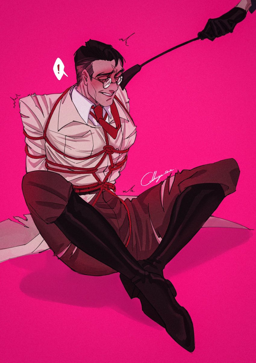 bondage edging egabbacc kinda_gay male medic_(team_fortress_2) no_visible_genitalia old_art riding_crop rope_bondage shibari_over_clothes suggestive team_fortress_2 teasing