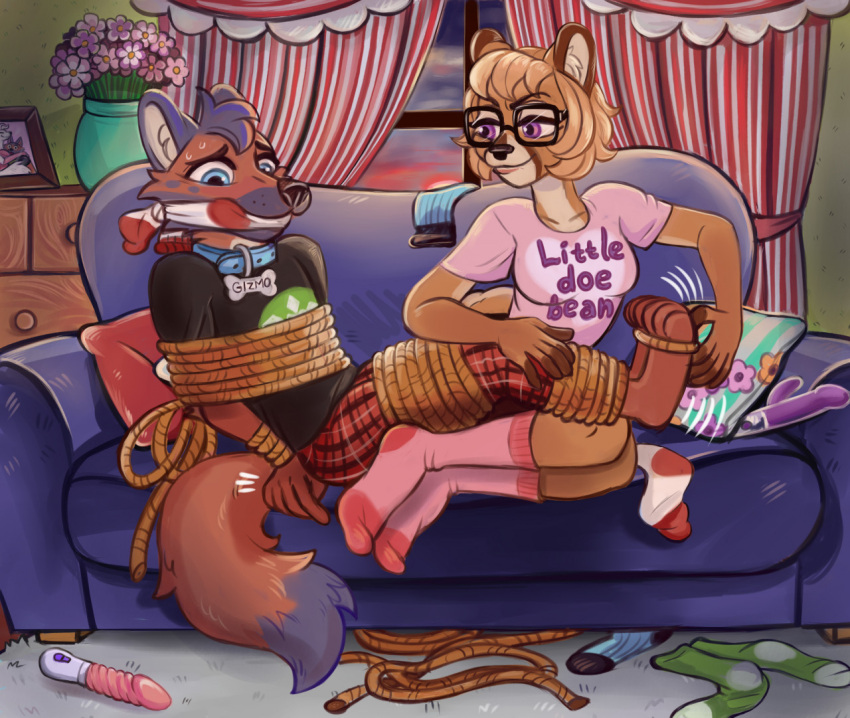 anthro bondage canine canine cantando_pollas clothed deer dildo duo female femdom gizmo_(puddinpop34) male malesub playis rope sex_toy sock_gag sock_in_mouth straight tickling vibrator