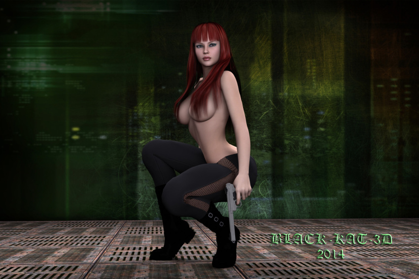 1female 1girl 1girls 1woman 2014 3d 3d_model black-kat-3d-studio breasts female female_focus female_only girl girl_only gun holding_gun holding_pistol only_female pistol red_hair solo solo_female solo_focus topless topless_female woman