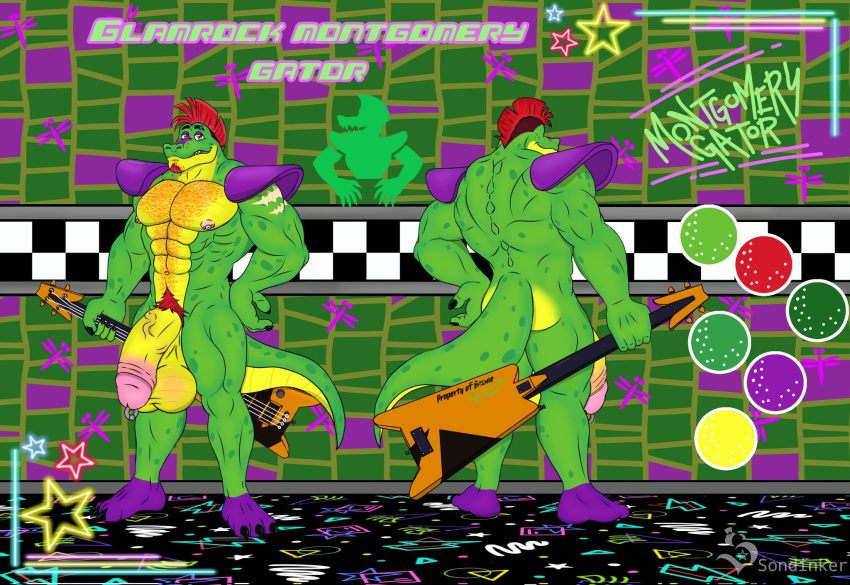 alligator_tail animatronic anthro background biceps body_markings completely_naked completely_nude completely_nude_male facial_markings five_nights_at_freddy's five_nights_at_freddy's:_security_breach flaccid fnaf genital_piercing genitals green_body guitar huge_cock lighting_bolt machine male_only mohawk mohawk_(hairstyle) montgomery_gator montgomery_gator_(fnaf) muscular muscular_anthro muscular_arms muscular_male muscular_thighs nipple_piercing non-human non_mammalian_nipples nude piercings pink_glans prince_albert_piercing red_hair reference_sheet reptile reptile_humanoid robot robot_humanoid simple_background sondinker_fazbear's spiked_bracelet spotted_body tail tail_markings tattoo two_tone_body two_tone_fur