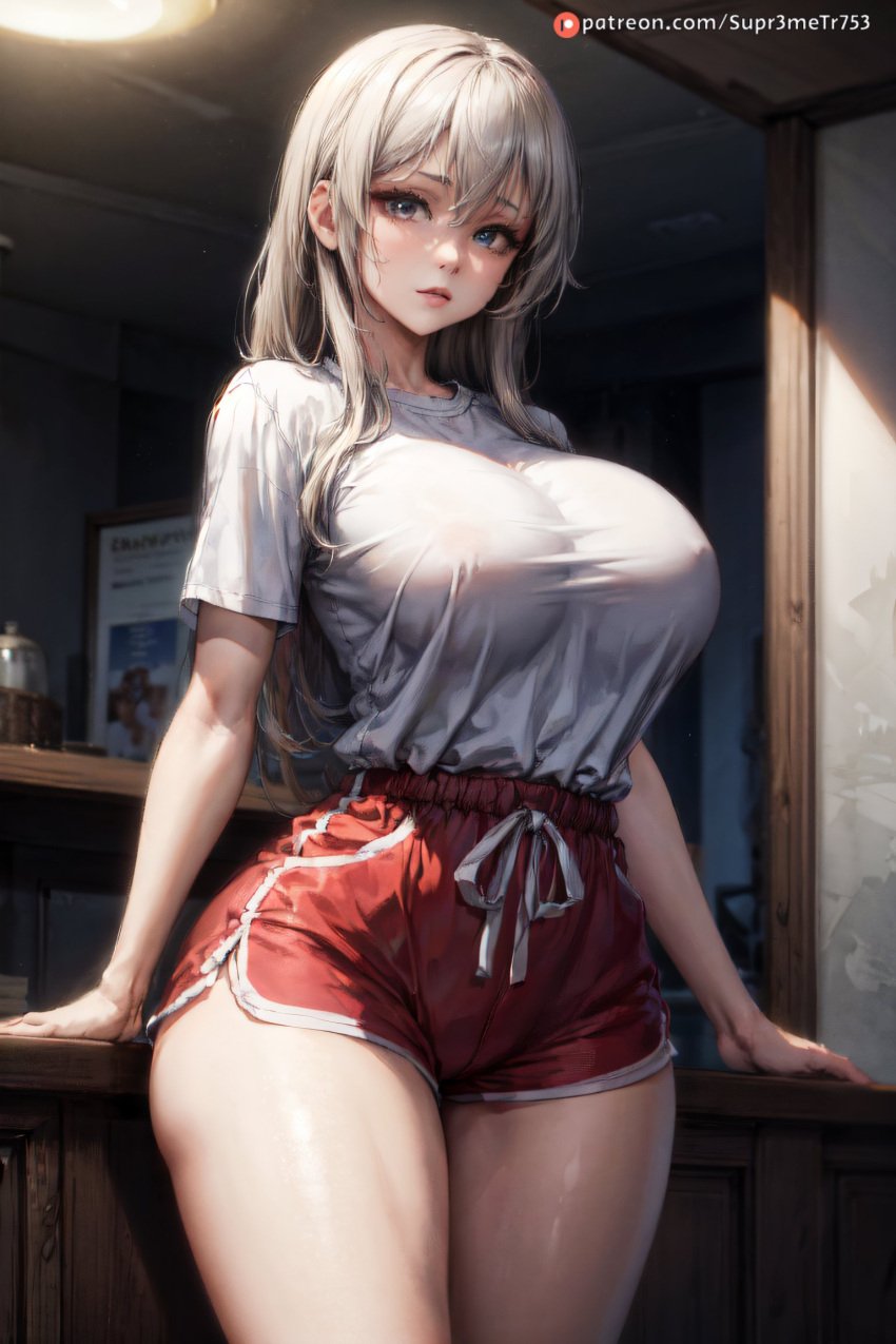 1girls 2:3 ai_generated big_breasts blue_eyes breasts curvaceous curvy curvy_body curvy_female curvy_figure dolphin_shorts female female_only gray_hair gym_clothes gym_clothing gym_shirt gym_shorts gym_uniform huge_breasts long_hair looking_at_viewer massive_breasts mature mature_female mature_woman milf patreon_logo patreon_username silver_hair solo supr3metr uzaki-chan_wa_asobitai! uzaki_tsuki wide_hips