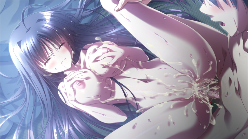 1boy ahoge areolae blood breasts closed_eyes cum cum_in_pussy female large_breasts long_hair natsuzora_no_perseus navel nipples nude open_mouth penis purple_hair pussy_juice self_fondle sex shouna_mitsuishi straight sweat tohno_ren uncensored vaginal_penetration virgin yuzuna_hiyo