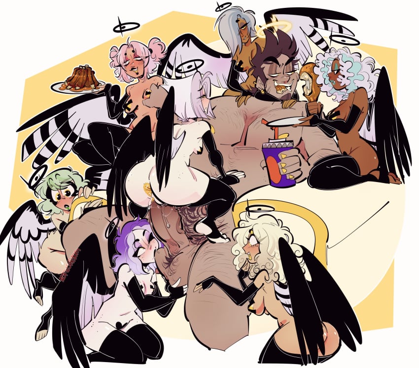 1boy 7girls adam_(hazbin_hotel) angel angel_girl angel_wings bileshroom blonde_hair blue_hair breast_squeeze brown_hair dick_master exorcist_(hazbin_hotel) fanart feeding female green_hair group_sex harem hazbin_hotel lute_(hazbin_hotel) multiple_girls nsfwshroom orgy pink_hair purple_hair runt_(masochistfox) sucking_balls vaginal_penetration white_hair