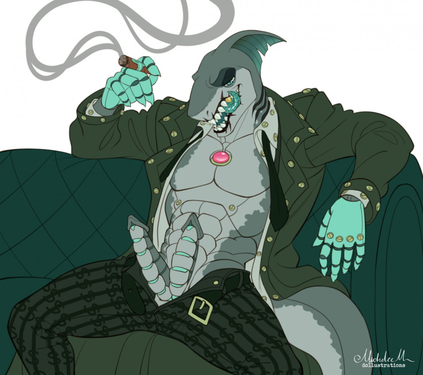 2_penises abs animal_genitalia animal_penis anthro anthro_only bedroom_eyes cigar circumcised clothing cog_(toontown) diphallia diphallism dollustrations erection fish genitals gold_(metal) gold_tooth green_clothing hemipenes licking licking_lips loan_shark_(toontown) long_tongue machine male male_only marine multi_genitalia multi_penis muscular narrowed_eyes necktie pecs penis robot seductive shark sharp_teeth smoking solo teeth tongue tongue_out toontown_corporate_clash toontown_online unbuttoned_topwear