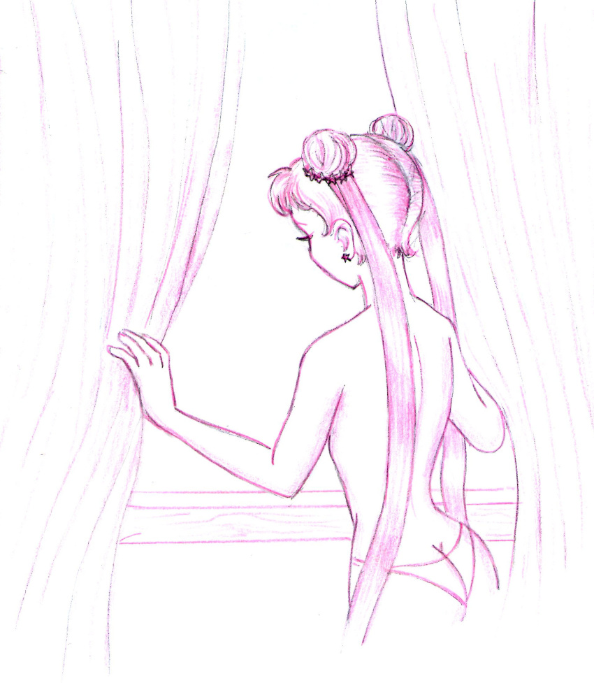 1girls back_view bishoujo_senshi_sailor_moon blackbomberwoman female female_only looking_out_window monochrome panties sketch solo tagme topless usagi_tsukino